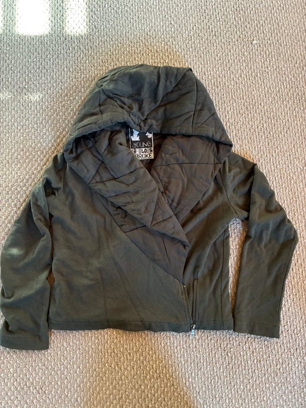 Young Fabulous and Broke Sandrine Olive Green Crop Zip Quilted Hoodie Medium